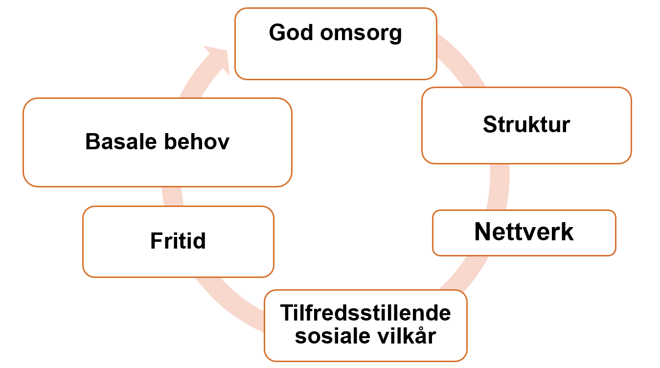 Helsefremmende faktorer: god omsorg, struktur, nettverk, tilfredsstillende sosiale vilkår, fritid og basale behov